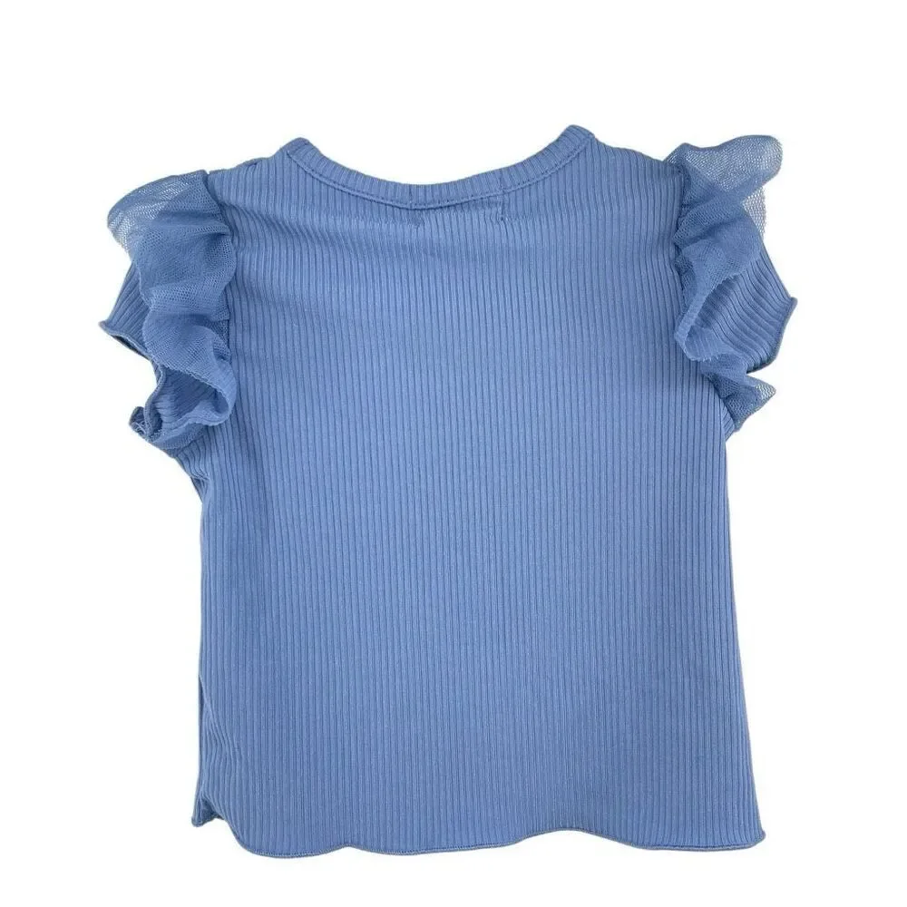 Btween Baby 3pc Floral Bell Bottom Outfit Blue Ruffle Top Leggings Headband 12M - Picture 4 of 15